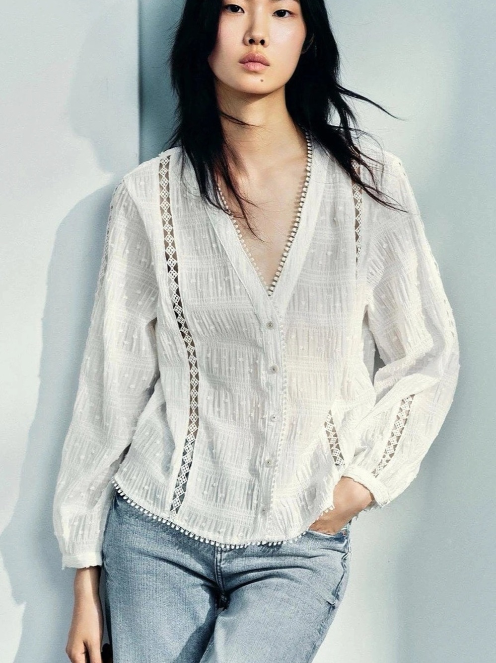 Zara White Textured Eyelet Long Sleeve Blouse